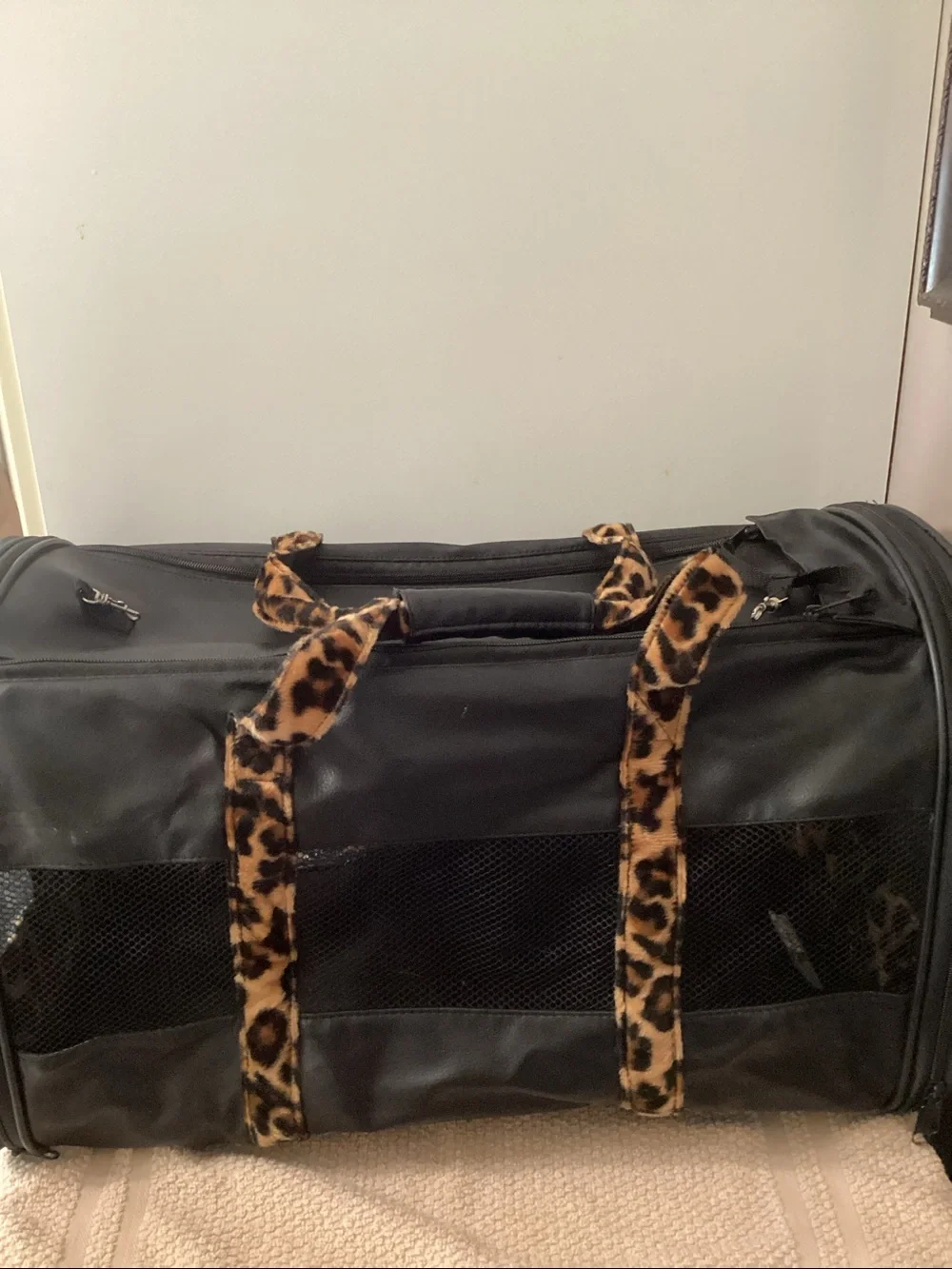 Black Cat Print Soft-Sided Pet Carrier with Leopard Handles